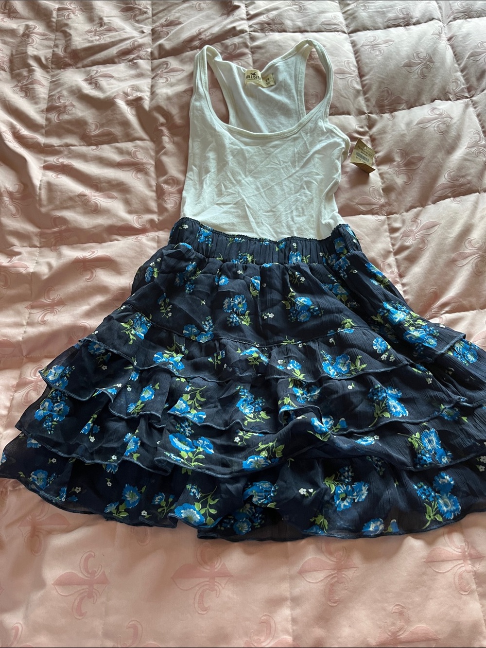 Hollister Navy Blue Floral Tiered Skater Skirt